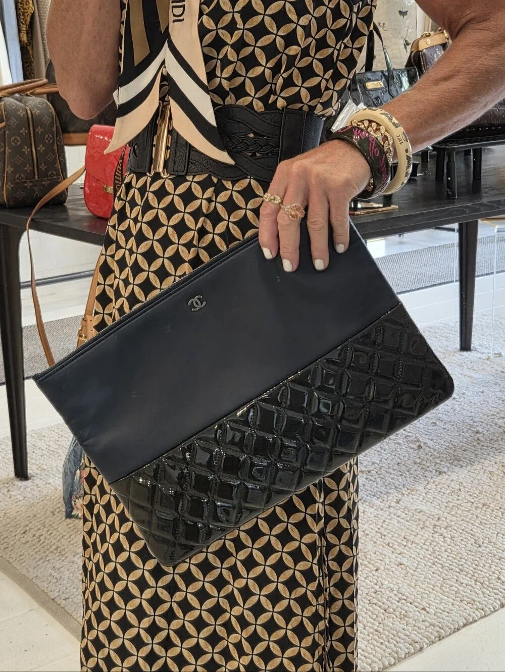 Chanel Navy/DarkArmy Green Clutch Bag, Lamb Skin, Quilted, Patent Leather